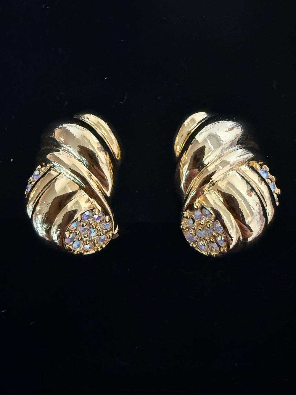 NOS Vintage Gold Tone AB Crystal Pavé Chunky Knot Clip On Earrings